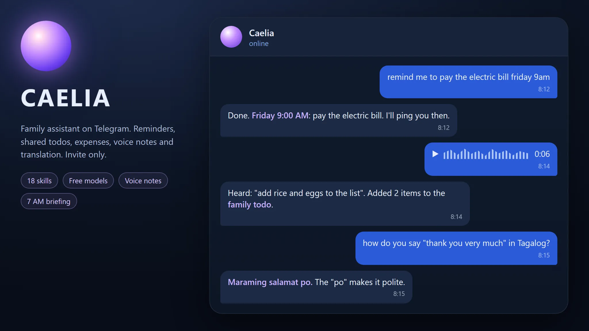 Caelia on Telegram (example chat)