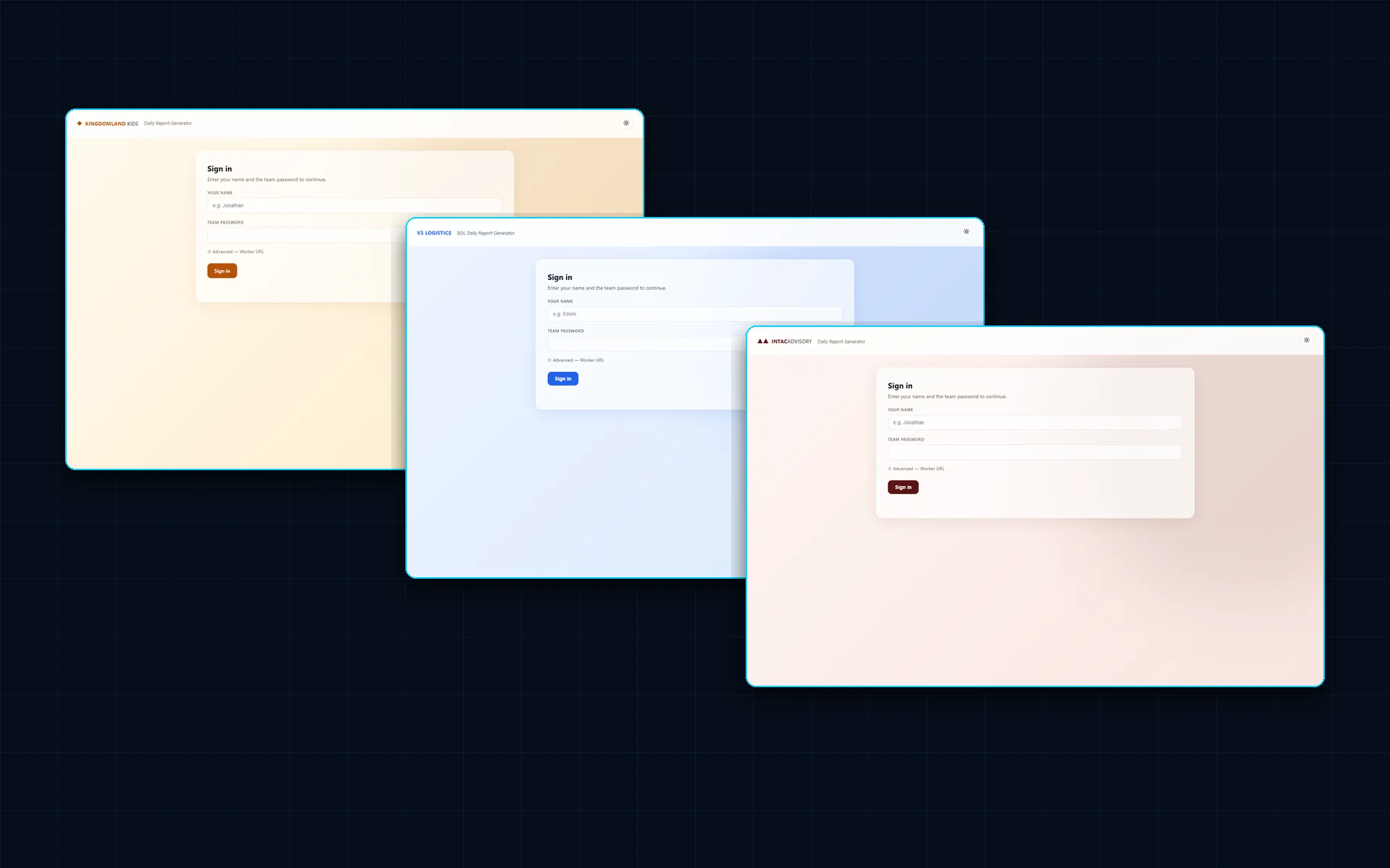 Sign-in screens of three daily report generators
